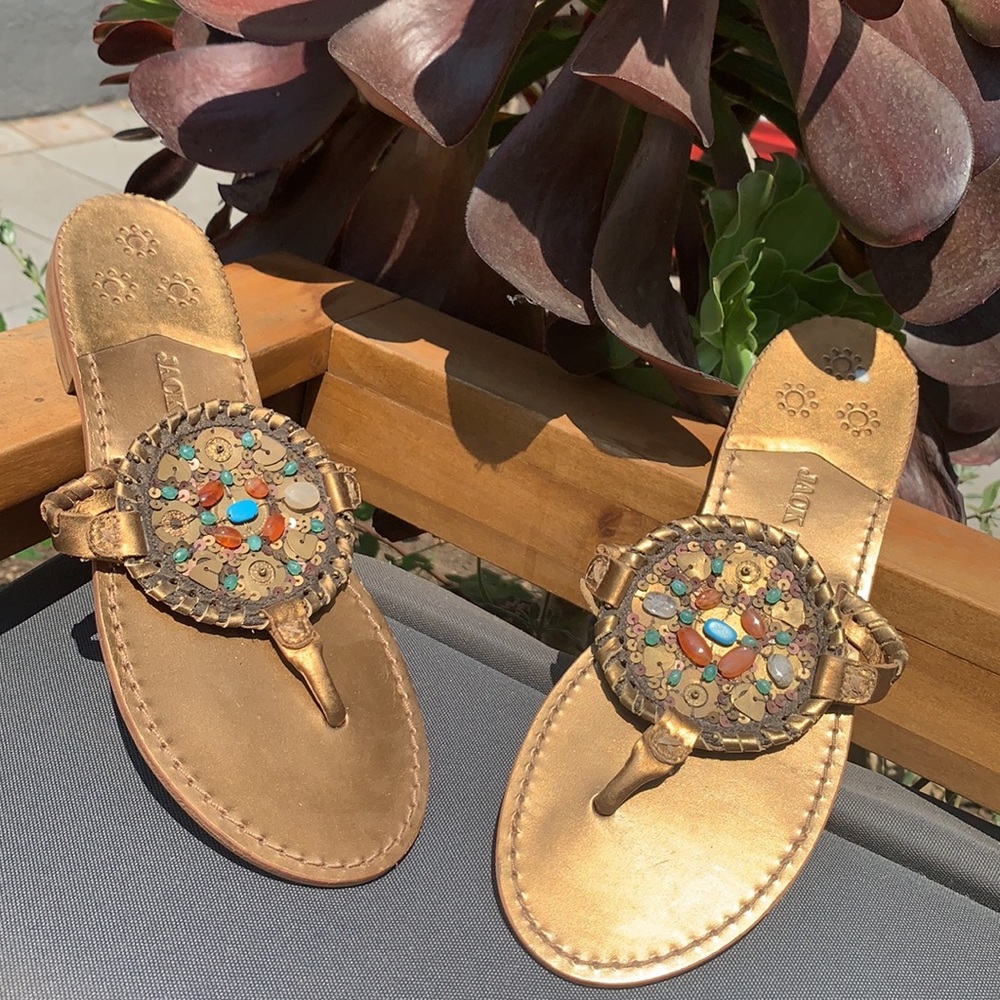 Jack Rogers beaded thong sandals.